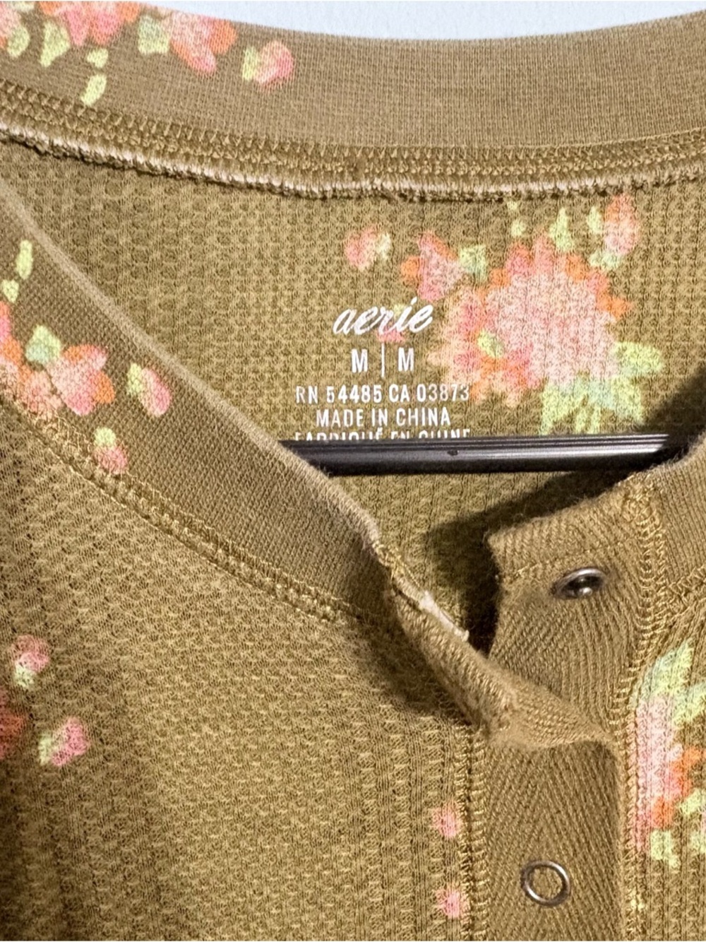 aerie Olive Green Floral Long Sleeve Henley Tee - Picture 2 of 5
